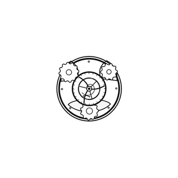 Animated Line Art Illustration of Interlocking Gears and Clockwork Mechanism in Circular Frame