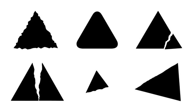 Set of Six Black Triangle Shapes, Geometric Forms with Textured and Cracked Edges, Vector Graphic Elements for Design