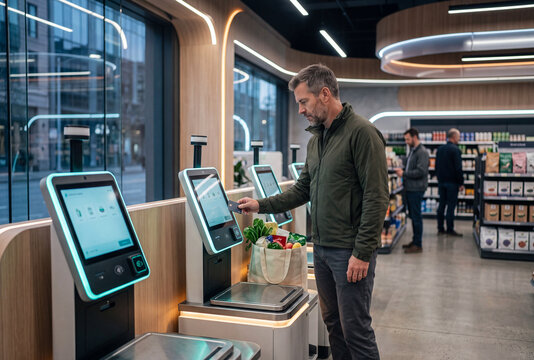 Adult man using an automated self checkout kiosk in a modern grocery store while shopping for food, representing cashierless retail, digital payments and smart store technology.