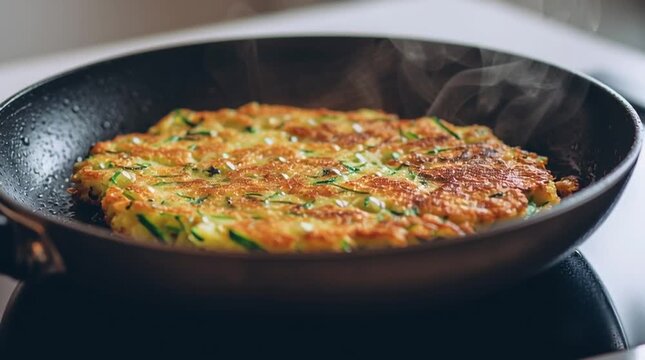 Golden zucchini fritter cooking in a black frying pan, crispy vegetable pancake with fresh herbs and melted cheese, closeup food scene