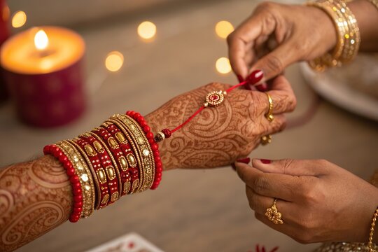 Intimate closeup hands during Raksha Bandhan ritual showing sibling affection.