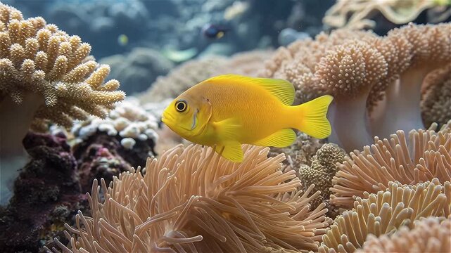 Close up of a Lemon Damselfish (Pomacentrus moluccensis) swimming among corals in Great Barrier Reef, Australia.
