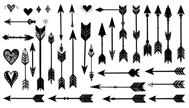 Black tribal arrow collection with various designs and hearts on a white background, perfect for bohemian and native art
