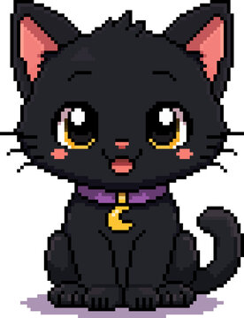 Pixel Art Cute Black Cat Character Purple Collar Moon Charm 8 Bit Retro Halloween Kitten for Games Design