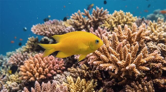 Close up of a Lemon Damselfish (Pomacentrus moluccensis) swimming among corals in Great Barrier Reef, Australia.
