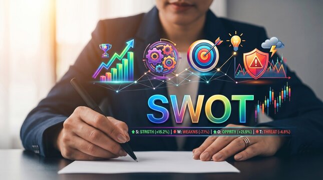 Business professional analyzing strategic planning metrics with digital swot analysis overlay for corporate growth management with professional writing paper