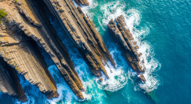 Aerial Top View of Vertical Stratified Rock Formations and Turquoise Ocean Waves Crashing on the Shore