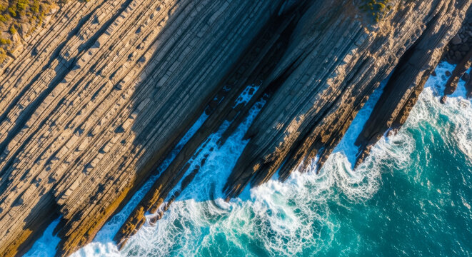 Aerial Top View of Dramatic Stratified Rock Formations and Turquoise Ocean Waves Crashing Against Coastal Cliffs