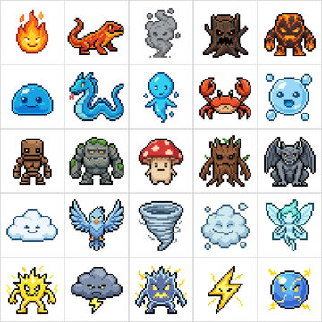Elemental sprites featuring twenty five magical nature spirits and forces created in pixel graphic.
