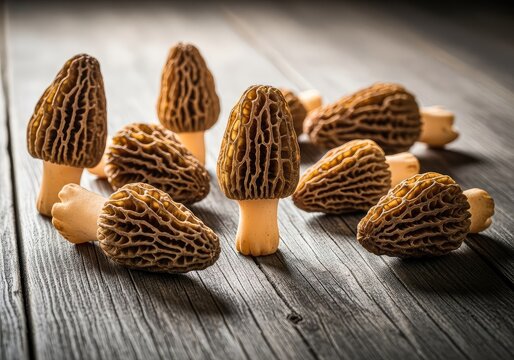 A collection of freshly harvested morel mushrooms with unique honeycomb patterns rests on a weathered, dark wood table in soft light, closeup, botany, foraged