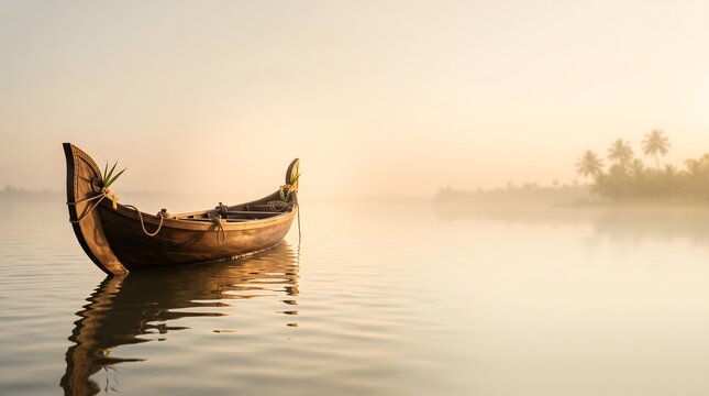 Traditional wooden boat floating on calm backwaters during vishu festival morning