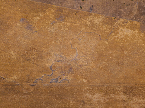 Dehesa landscape in Salamanca, Spain, experiencing severe drought and water scarcity, showing parched earth and a dry riverbed from an aerial perspective during summer