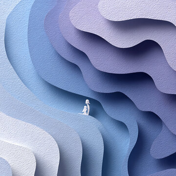 Mental health imagery showing a small person moving through layered abstract waves, symbolizing emotional overwhelm, anxiety, isolation, inner struggle, uncertainty, self-reflection, and psychological