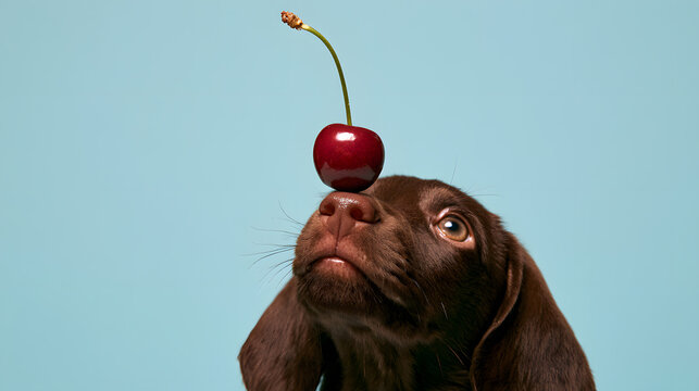 Cute brown puppy balancing a single ripe red cherry with a stem on its snout against a clean light blue background. Playful pet trick and healthy fruit concept stock photo.