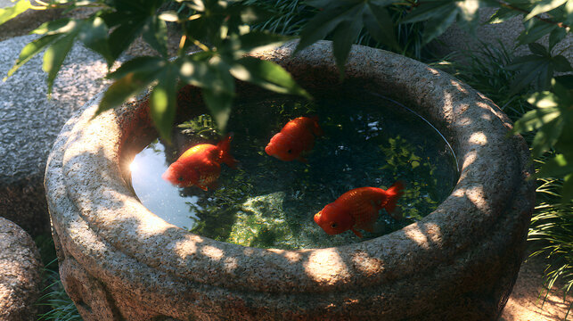 Three bright orange ranchu goldfish swimming in a traditional stone water basin surrounded by green maple leaves. Peaceful Japanese garden, zen nature, and summer pond stock photo.