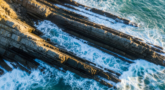 Aerial Top Down View of Ocean Waves Crashing Against Striated Flysch Rock Formations on a Rugged Coastline