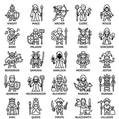 Naklejka premium RPG character classes displayed as black and white outline icons in a grid layout for game design work.