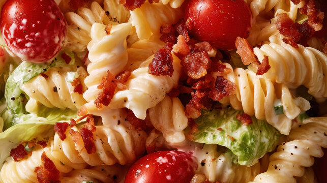 Pasta salad with fusilli tomatoes and lettuce leaves