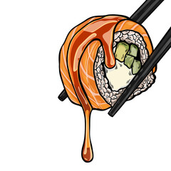 japanese food, sushi roll with salmon, avocado and cream cheese held by chopsticks © Daryna Yarmoshevych