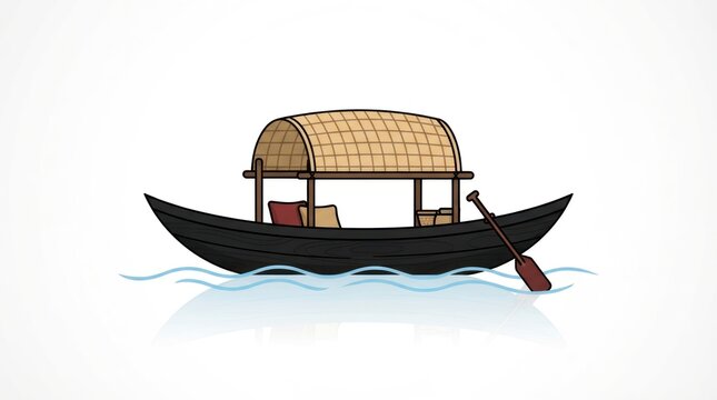 Traditional wooden boat with thatched roof on water.