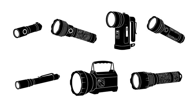 Black and white silhouette collection featuring various portable electric flashlights for emergency and tactical light usage