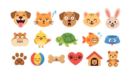 Obraz premium Cute pets and animals vector icons set with emotional faces, toys, and care items