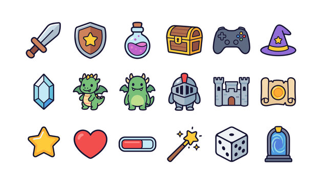 Fantasy role playing game vector icons set with sword, shield, dragon, and magical items