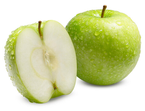 Green apple with fresh water droplets isolated on white with clipping path, High-resolution image highlighting juicy texture, natural freshness and healthy organic fruit concept.