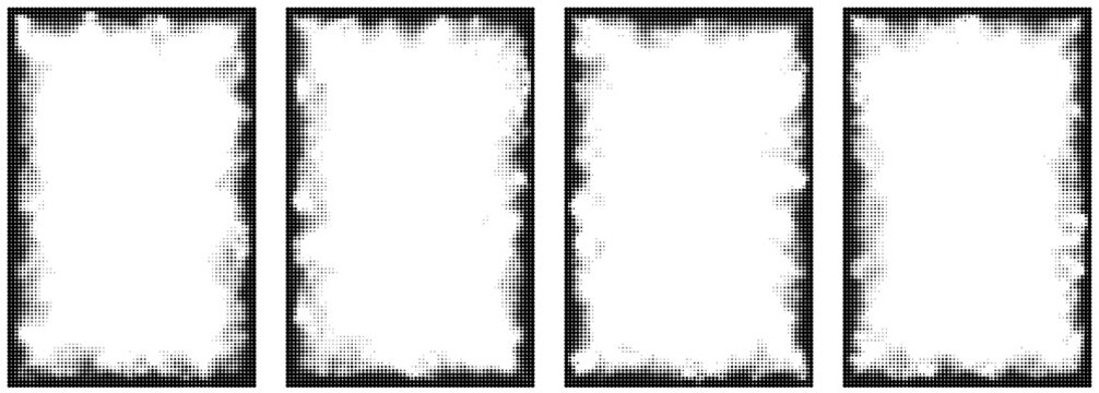 Dotted grunge rectangle frame texture. Fading halftone brush border. Repeating dotted paint pattern background. Black rough comic pop art overlay frame. Halftone distress effect wallpaper. Vector