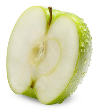 Green apple with fresh water droplets isolated on white with clipping path, High-resolution image highlighting juicy texture, natural freshness and healthy organic fruit concept.