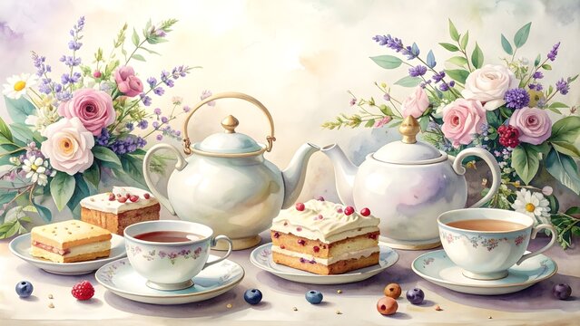 Elegant Floral Afternoon Tea with Cakes and Teapots
