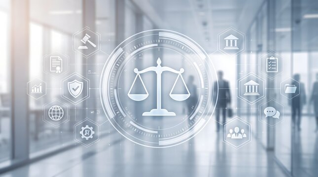Digital law and justice icons with scales of justice overlay on blurred modern office background