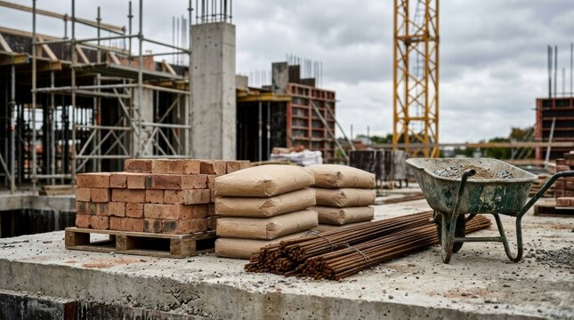 Construction materials on unfinished slab with crane, scaffold, brick pallets, rebar, and cement bags
