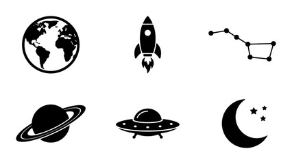 Space Icons Set: Earth, Rocket, Constellation, Saturn, UFO, Moon & Stars Vector Graphics for Cosmic Exploration and Sci-Fi Themes © Nayem