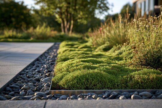 Modern garden design featuring green sedum ground cover, granite pavers, and decorative pebble drainage
