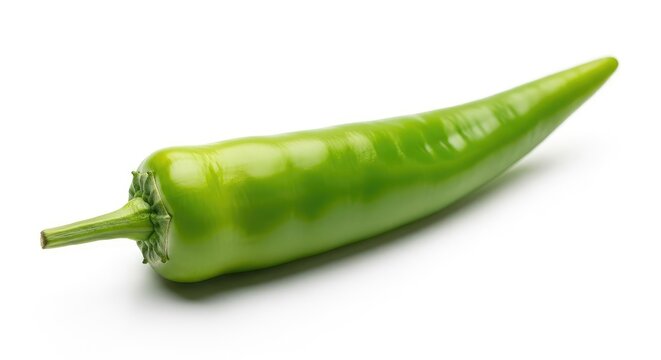Single vibrant green chili pepper positioned diagonally across a solid white background with a soft shadow. Ideal for minimalist food art, serrano, shadow, bright