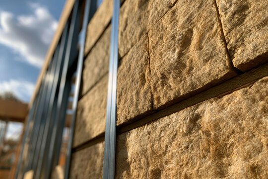 Rock wool insulation material filling a metal stud wall during home construction