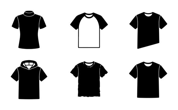 Black T-Shirt Icons Set, Casual Apparel Vector Graphics, Diverse Styles of Tops for Fashion Design and E-commerce