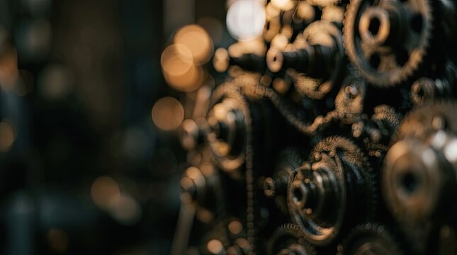 Industrial Gears Bokeh Background. Abstract Mechanical Engineering Concept. Dark Metal Machinery Close-up.