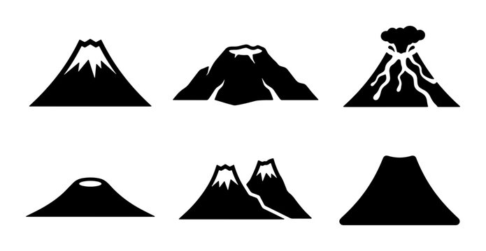 Volcano Icons Set, Diverse Mountain Shapes, Geological Formations, Erupting Lava, Silhouette Vector Graphics for Earth Science and Nature Concepts