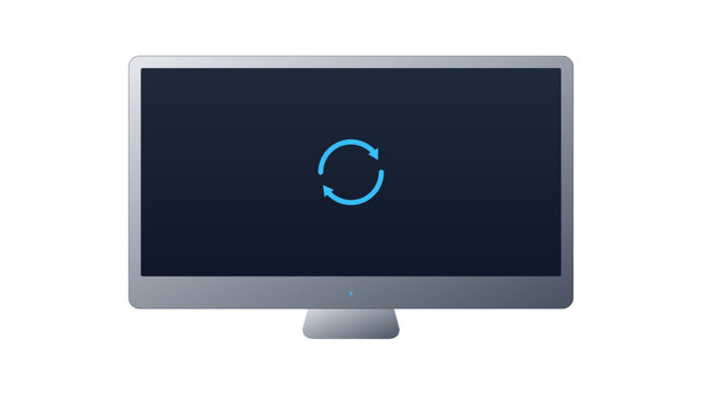 Computer monitor screen with blue loading refresh icon in sleek metallic vector style for it support and software update websites