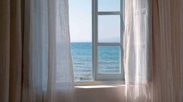 Window with white curtains open, overlooking the ocean. the window is open and the view outside is of the ocean and the sky. the curtains are drawn back, allowing natural light to enter the room.