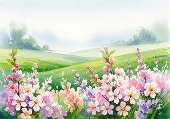 Obraz premium Vibrant watercolor painting of a lush blooming orchard featuring soft pastel flowers, green meadows, and a peaceful misty background, serene, botanical, bright