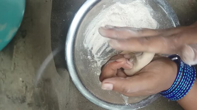 Traditional Indian Homemade Dough Preparation in Rural Kitchen