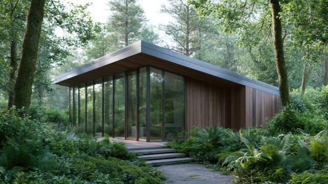 Modern house in the middle of a lush green forest. the house has a wooden exterior with a sloping roof and large glass windows that allow natural light to enter the space.