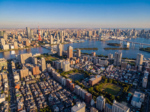Aerial View of Tokyo Skyline with Tokyo Tower and Rainbow Bridge