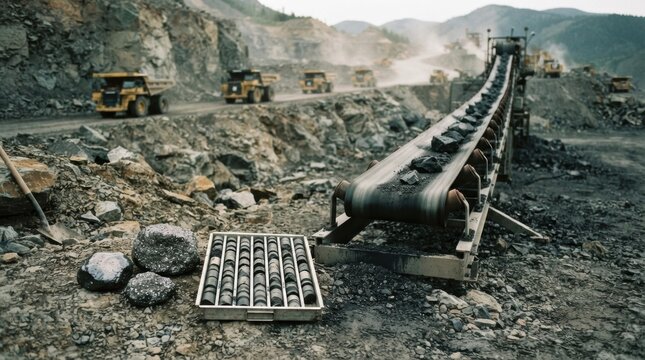 chrome ore supply concept with chromite specimens, drill core, assay tray, and conveyor belt on rugged quarry surface