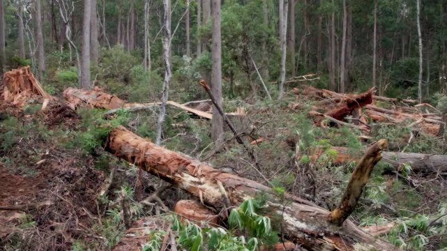 Close-up of felled trees in a deforested forest.
