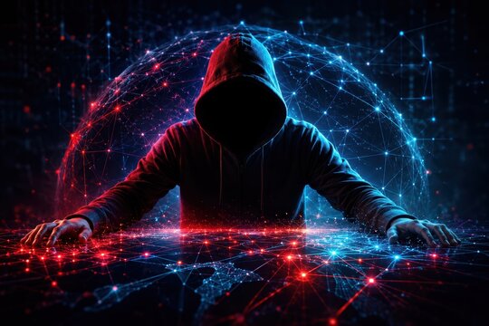 Cybernetic Intrigue: A cloaked figure with an obscured face sits at a glowing digital interface, surrounded by a network of interconnected lights.