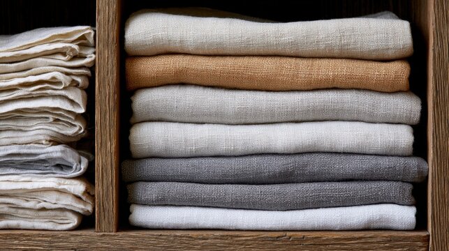 Wooden shelf with two compartments. on the left side of the shelf, there is a stack of folded white towels neatly folded and stacked on top of each other.